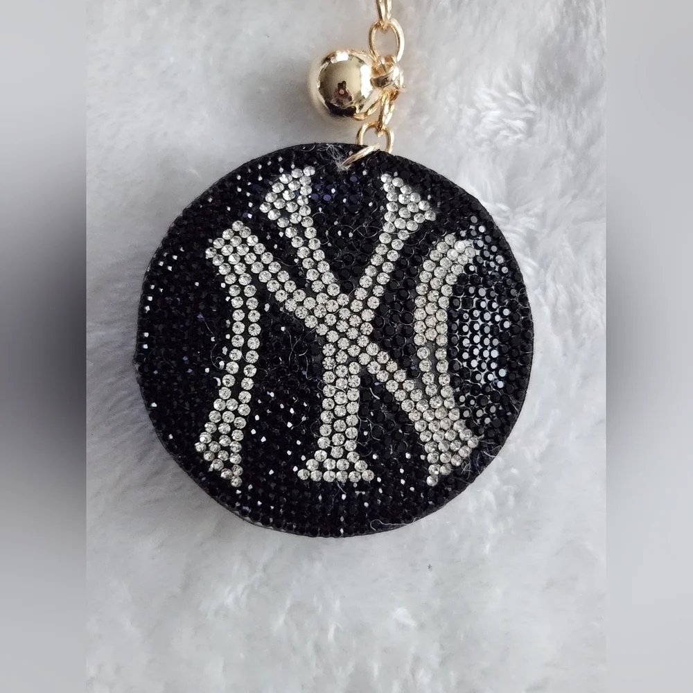 NY Yankees Black and Silver Rhinestone Keychain with Tassel Bag Charm